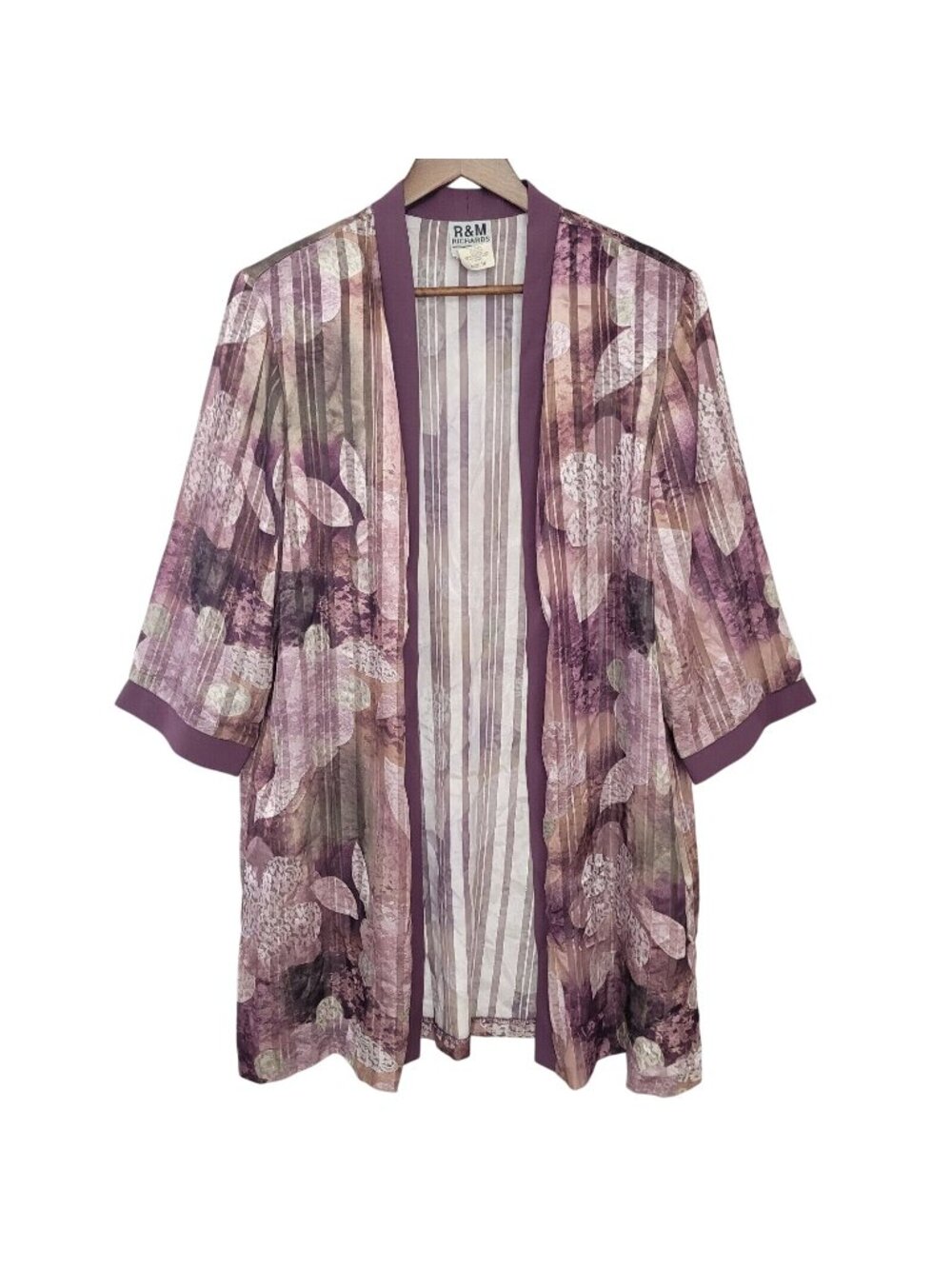 R&M Richards Open Front Floral Duster Size 10 Purple Semi Sheer Metallic Trim